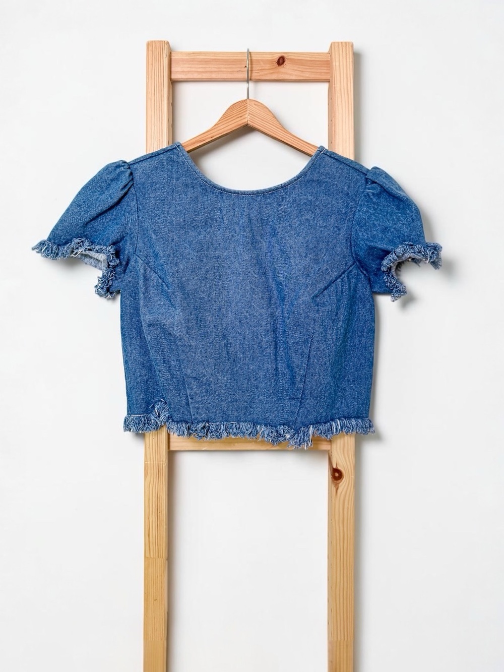 0 Samantha Pleet Denim Fray Puff Sleeve Fringed Cropped Top XS
